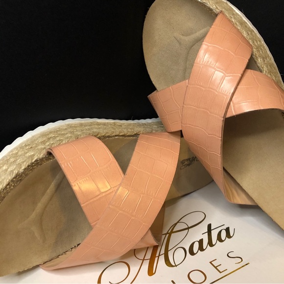 New Mata Shoes Blush Croc Embossed Criss Cross Espadrille Slip On Sandals - Picture 12 of 14